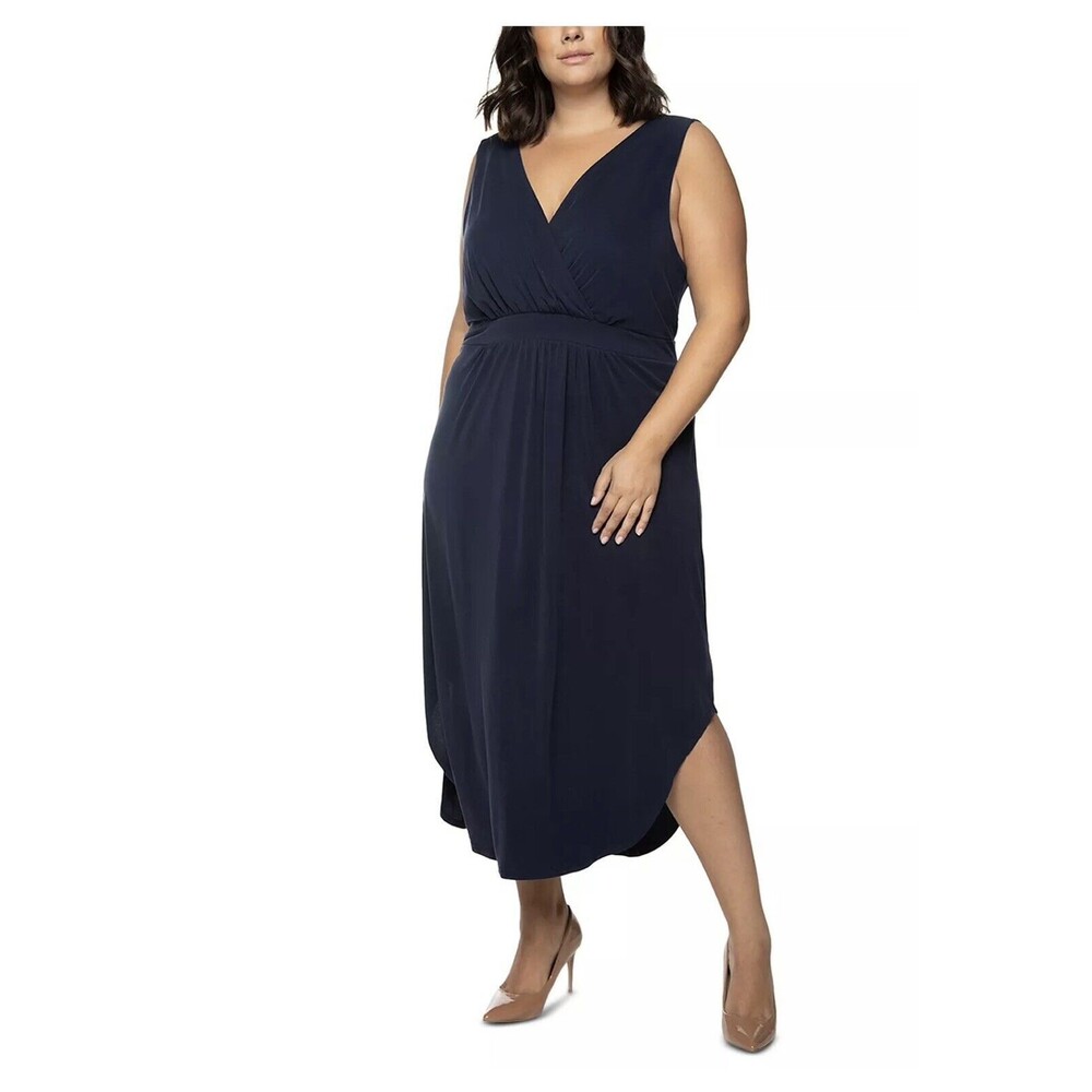 BLACK TAPE Plus Size Faux-Wrap Maxi Dress Size 1X navy